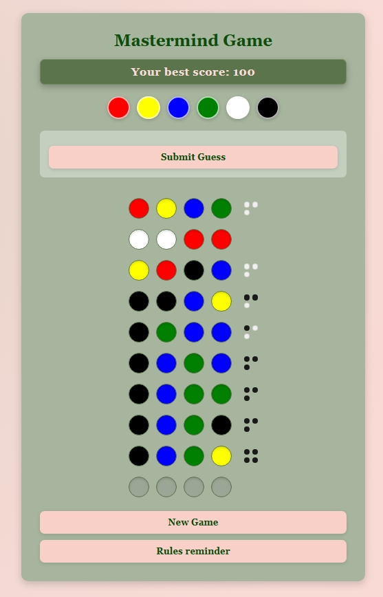MasterMind game interface
